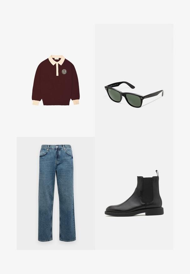 Vinröd långärmad polo med krämfärgad krage och ärmslut, knäppt knäppning och cirkulär "Förbjuden Berlin"-logotyp på vänster bröst.; Blå denimjeans med rak passform, utrustade med fem fickor, en knapp- och dragkedjestängning samt synliga sömnadsdetaljer.; Svart läderankleboot med slät yta, elastiska sidopaneler och dragtab. Rund tå och platt gummisul med minimal profil.; Svarta plastsolglasögon med gröna linser, fyrkantiga bågar, silverdetalj på ögonbrynet och texturerade skalmar. Angiven märkning på den inre skalmen.