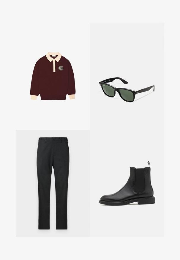 Bordeauxrotes Langarm-Polohemd mit cremefarbenem Kragen und Manschetten, Knopfleiste und zirkulärem "Prohibited Berlin"-Logo auf der linken Brust.; Dunkelgraue Hosen aus strukturiertem Stoff mit geradem Bein, ausgestattet mit zwei Fronttaschen und zwei Knopfverschlüssen an der Taille.; Schwarze Leder-Ankle-Boots mit glatter Textur, elastischen Seitenpaneelen und einer Zuglasche. Runde Zehenpartie und flache Gummisohle mit minimalem Profil.; Schwarze Plastiksonnenbrille mit grünen Gläsern, quadratischen Rahmen, silbernem Akzent auf der Augenbraue und strukturierten Bügeln. Angegebene Marke auf dem inneren Bügel.