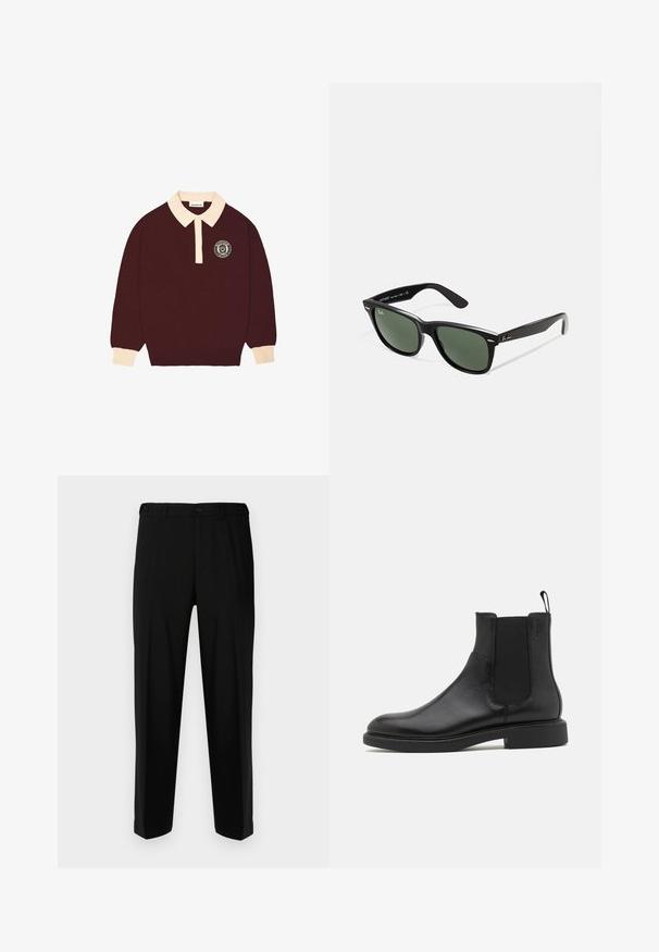 Bordeaux lange mouwen polo shirt met een crèmekleurige kraag en manchet, knoopsluiting en een cirkelvormig "Prohibited Berlin" logo op de linkerkant van de borst.; Zwarte broek van gladde stof, met een rechte snit, twee voorzakken en een ritssluiting met knoopsluiting.; Zwarte leren enkelboot met een gladde textuur, elastische zijpanelen en een trekhaak. Ronde neus en platte rubberen zool met minimale profiel.; Zwarte plastic zonnebril met groene lenzen, vierkante montuur, zilveren accent op de wenkbrauw en een gestructureerde tempel. Merken vermeld op de binnenkant van de arm.