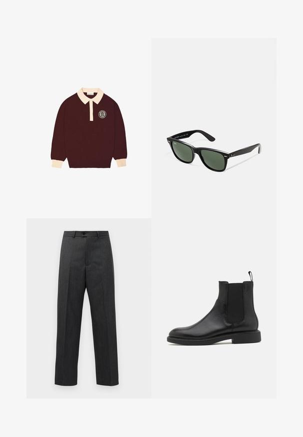 Tamsiai raudonas ilgomis rankovėmis polo marškinėliai su grietinėlės spalvos apykakle ir rankogaliais, mygtukų užsegimas ir apvalus "Prohibited Berlin" logotipas kairiajame krūtinės šone.; Tamsiai pilkos formalios kelnės su priekiniais raukšlėmis, diržo kilpomis ir mygtuko uždarymu juosmens srityje, rodomos priešais baltą фонą.; Juodos odinės kulkšninių batų su lygia tekstūra, elastinėmis šoninėmis išpjovomis ir rankena. Apvalus pirštas ir plokščias gumos padas su minimaliu protektoriumi.; Juodi plastikiniai saulės akiniai su žaliais objektyvais, kvadratiniais rėmeliais, sidabriniu akcentu ant antakio ir tekstūruotais šventyklų šakutėmis. Vidinėje šakutėje nurodyta prekės ženklo pavadinimas.