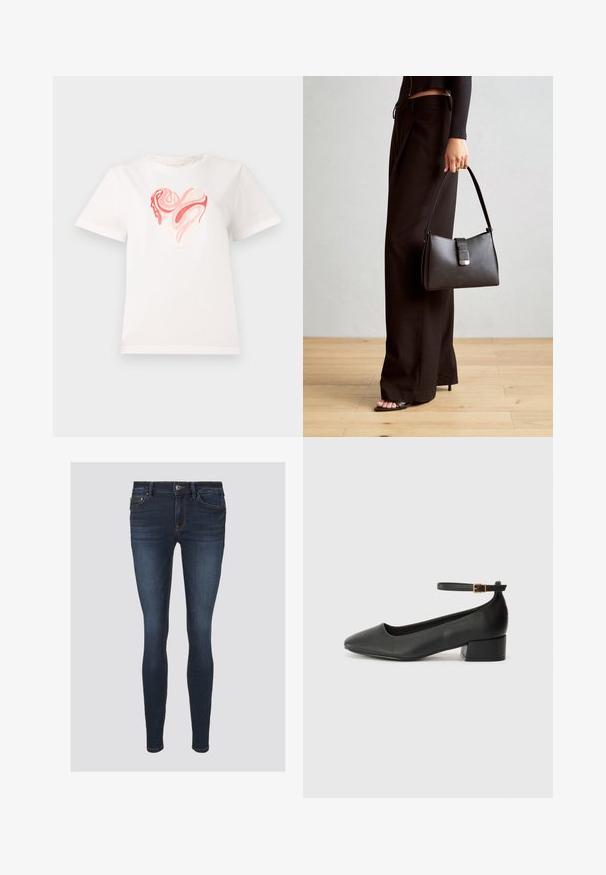 Hvit bomull t-skjorte med et hjertegrafikk i nyanser av rosa og korall, med sirkulære abstrakte mønstre i sentrum. Korte ermer, rund hals.; Tynne jeans laget av mørk blå denim, med oransje sømmer, knappelukking og frontlommer. Glatt tekstur med en tettsittende fasong.; Sorte skinnpumper med spiss tå og lav blokkhelt. Har ankelrem med gullfarget spenne. Glatt tekstur.; Svart håndveske med strukturert form, jevn tekstur og metallisk lås. Kombinert med brede svarte bukser og sandaler med åpen tå på tregulv.