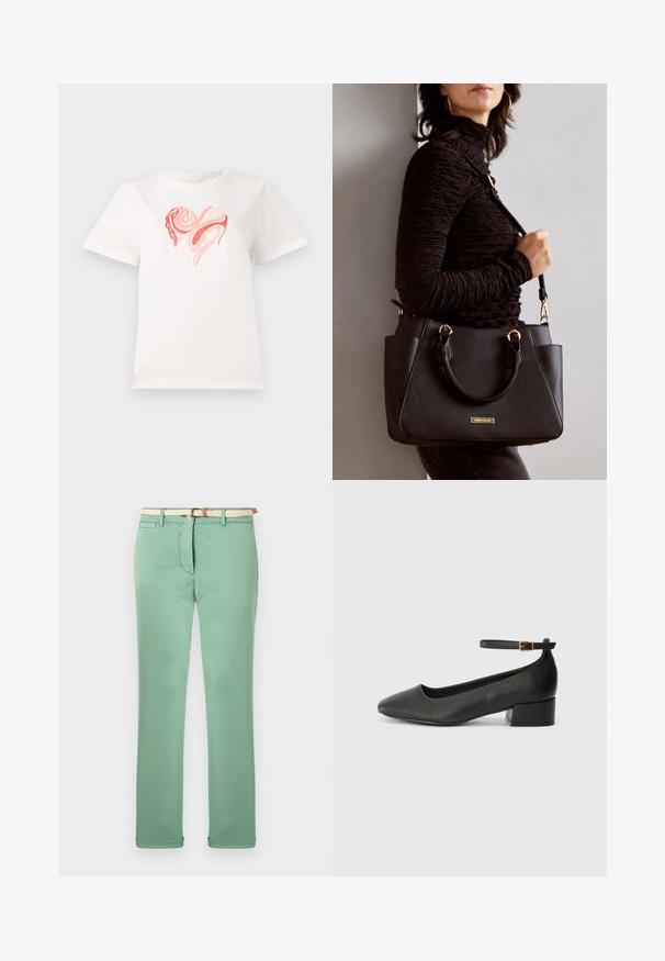 T-shirt branca de algodão com um gráfico de coração em tons de rosa e coral, com padrões abstratos em espiral no centro. Mangas curtas, decote redondo.; Calças verdes claras em tecido de algodão, com um design de perna reta, cinto de tecido bege trançado e bolsos frontais. Textura suave com costuras mínimas.; Sandal de pele preta com bico pontiagudo e um salto bloco baixo. Apresenta uma tira no tornozelo com uma fivela em tom dourado. Textura suave.; Bolsa preta com superfície texturizada, alças superiores duplas e alça de ombro ajustável. Apresenta ferragens em tom dourado e bolsos laterais.