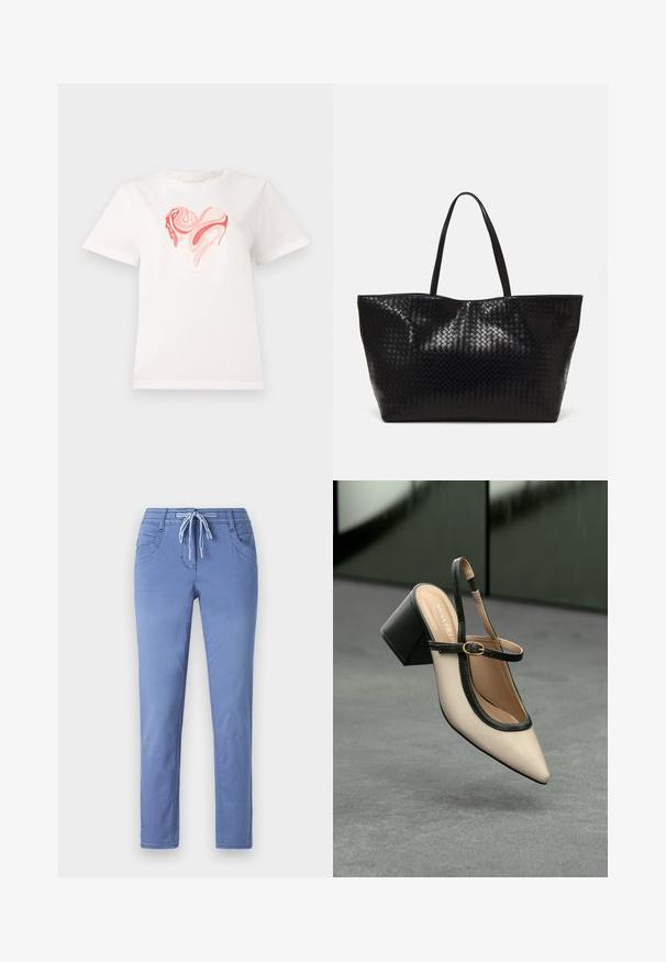 T-shirt bianca in cotone con una grafica a forma di cuore nei toni del rosa e del corallo, decorata con motivi astratti vorticosi al centro. Maniche corte, collo rotondo.; Pantaloni azzurri chiari con vita regolabile, due tasche frontali e una vestibilità slim. Il tessuto ha una consistenza morbida con dettagli di cucitura sottili.; Scarpa beige con punta a stivale, con rifiniture nere, fibbia dorata e tacco a blocco spesso su un pavimento grigio con sfondo verde scuro.; Borsa tote nera intrecciata con due manici robusti, caratterizzata da una texture lucida e un ampio design a apertura aperta.