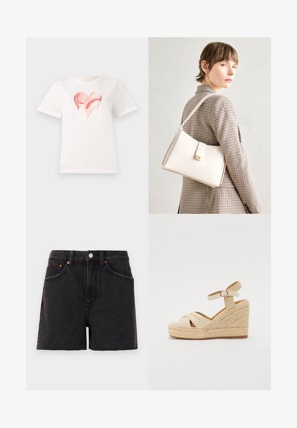 Fehér pamut póló, középen szív grafikával, rózsaszín és korall árnyalataiban, forgó absztrakt mintázatokkal. Rövid ujjú, kerek nyakkivágású.; Fekete farmer rövidnadrág magas derékkal, elülső zsebekkel, réz szegecsekkel és gombos zárással. Simább textúrával és egyenes lábszárral rendelkezik.; Beige színű, fonott juta talpú, wedge szandál keresztpántos dizájnnal. Bokapánt, csat záródással. "Tom Tailor" logó látható.; Fehér bőr táska strukturált dizájnnal, mágneses záródással és vállpánttal, semleges háttér előtt bemutatva.