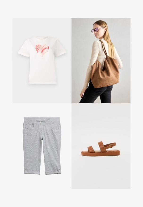 Hvid bomulds T-shirt med et hjertegrafik i nuancer af pink og koral, med svulmende abstrakte mønstre i midten. Kortærmet, rund hals.; Stribede capri-bukser i lysegrå og hvid. Har knaplukning, fire lommer og opsmøg med knapdetaljer. Blødt stof.; Brune lædersandaler med to brede stropper og en bagside, der har en flad sål med diskrete syninger og metalspænde som detalje.; Brun ruskind tote taske med blød tekstur, stor åbning og lange stropper. Har et enkelt design med synlige syninger og ingen hardware.