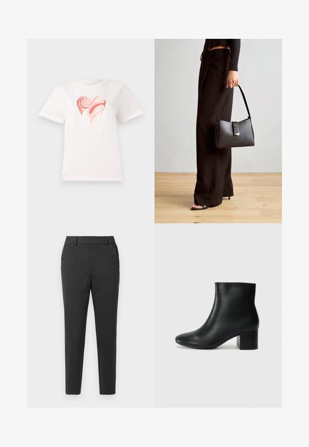 Tricou alb din bumbac cu un grafic în formă de inimă în nuanțe de roz și coral, cu modele abstracte spirale în centru. Mâneci scurte, gât rotund.; Pantaloni slim-fit gri închis, cu bucle pentru curea, buzunare laterale și un design cu picior conic pe un fundal deschis.; Cizme negre din piele până la gleznă, cu vârf ascuțit și toc robust. Textură netedă, cu accente minime și un design elegant, ajustat.; Genți negre cu o formă structurată, textură netedă și un închizător metalic. Asortată cu pantaloni negri largi și sandale cu vârf deschis pe un podea din lemn.