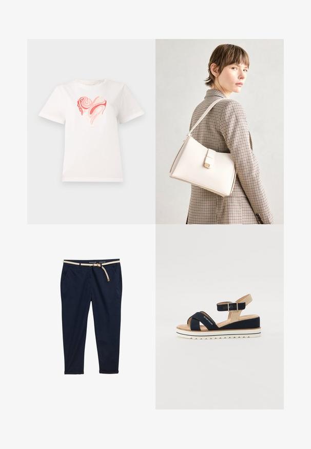 Fehér pamut póló, középen szív grafikával, rózsaszín és korall árnyalataiban, forgó absztrakt mintázatokkal. Rövid ujjú, kerek nyakkivágású.; Sötétkék chinos nadrág szőtt krémszínű övvel. Két oldalsó zsebe van, laza fazonú, és felgöngyölt szárakkal rendelkezik. Pamut anyagból készült.; Tengerészkék szandál két vászonpánttal, állítható bokapánttal és textúrált bézs hátsó résszel. Vastag, fehér, hullámos talp. Márkanevével ellátott pánt.; Fehér bőr táska strukturált dizájnnal, mágneses záródással és vállpánttal, semleges háttér előtt bemutatva.