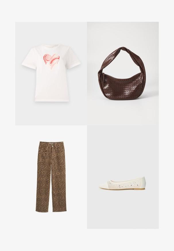 Valge puuvillane T-särk, millel on südame graafika roosa ja koralli varjundites, mille keskel on keerduvad abstraktsed mustrid. Lühikesed varrukad, ümmargune kaelus.; Leopardimustrilised denimipüksid, keskmise tõusuga, sirge jala lõikega, pruuni ja musta mustriga, nööpkinniti ja viie taskuga disain.; Kohev varbaosa, kreemikad nahkplätud, mille läbipaistev ülaserv on kaunistatud laiali asetatud sädeleva kivid. Pehme talla disain mugavuseks, minimalistlik välimus.; Pruunist kootud nahast käekott, millel on kõver, sõlme käepide ja tõmblukk. Sile tekstuur ja ümar kuju.