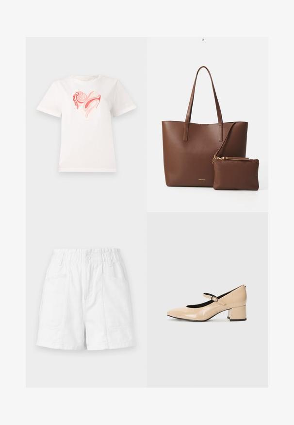 Hvit bomull t-skjorte med et hjertegrafikk i nyanser av rosa og korall, med sirkulære abstrakte mønstre i sentrum. Korte ermer, rund hals.; Hvite bomullsshorts med elastisk midjebånd, med en frontknapp, to sidelommer og et rent, enkelt design.; Beige lakk lær Mary Jane-sko med falsk tå, spennerem og middels høy blokkhel. Glatt tekstur med en blank finish.; Brun kunstlær toteveske med to lange håndtak og en matchende liten veske. Overflaten har et strukturert mønster og detaljer i gull.