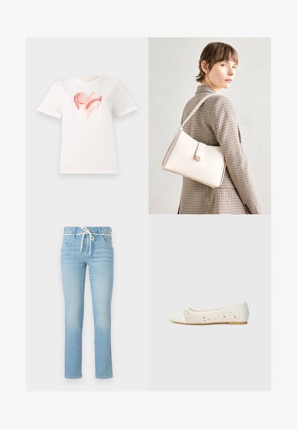 Hvit bomull t-skjorte med et hjertegrafikk i nyanser av rosa og korall, med sirkulære abstrakte mønstre i sentrum. Korte ermer, rund hals.; Lyseblå denimjeans med rett ben-design, som har en hvit snor i midjen og subtilt falming over hele.; Spiss tå ballettleestøvel i kremfarget skinn med gjennomsiktig overdel som har spredte rhinestones. Myk såle for komfort, minimalistisk design.; Hvit lær veske med en strukturert design, med magnetlås og skulderstropp, vist mot en nøytral bakgrunn.