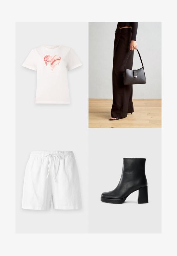 T-shirt branca de algodão com um gráfico de coração em tons de rosa e coral, com padrões abstratos em espiral no centro. Mangas curtas, decote redondo.; Calções brancos de algodão com uma cintura elástica, detalhe de cordão e um corte descontraído. Textura suave e design até ao joelho.; Bota de couro preta até ao tornozelo com salto bloco e sola com plataforma, vista de lado sobre um fundo branco liso.; Bolsa preta com forma estruturada, textura suave e um fecho metálico. Combinada com calças largas pretas e sandálias de salto aberto sobre um chão de madeira.