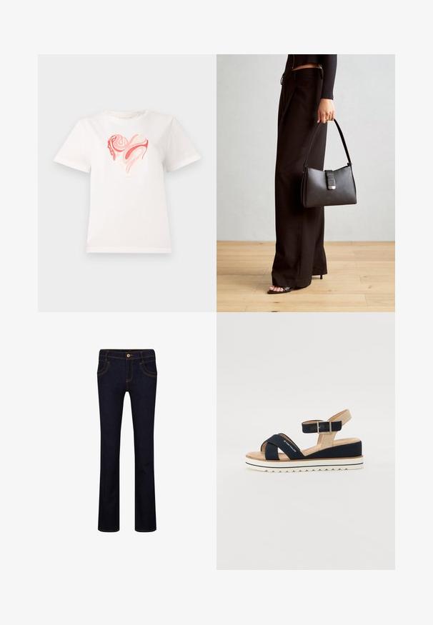 Fehér pamut póló, középen szív grafikával, rózsaszín és korall árnyalataiban, forgó absztrakt mintázatokkal. Rövid ujjú, kerek nyakkivágású.; Sötétkék farmerek egyenes szabással, sárga varrással, öt zsebes dizájnnal és fémből készült gombbal a deréknál.; Tengerészkék szandál két vászonpánttal, állítható bokapánttal és textúrált bézs hátsó résszel. Vastag, fehér, hullámos talp. Márkanevével ellátott pánt.; Fekete kézi táska strukturált formával, sima textúrával és fémből készült záródással. Széles fekete nadrággal és nyitott orrú szandállal párosítva, fából készült padlón.