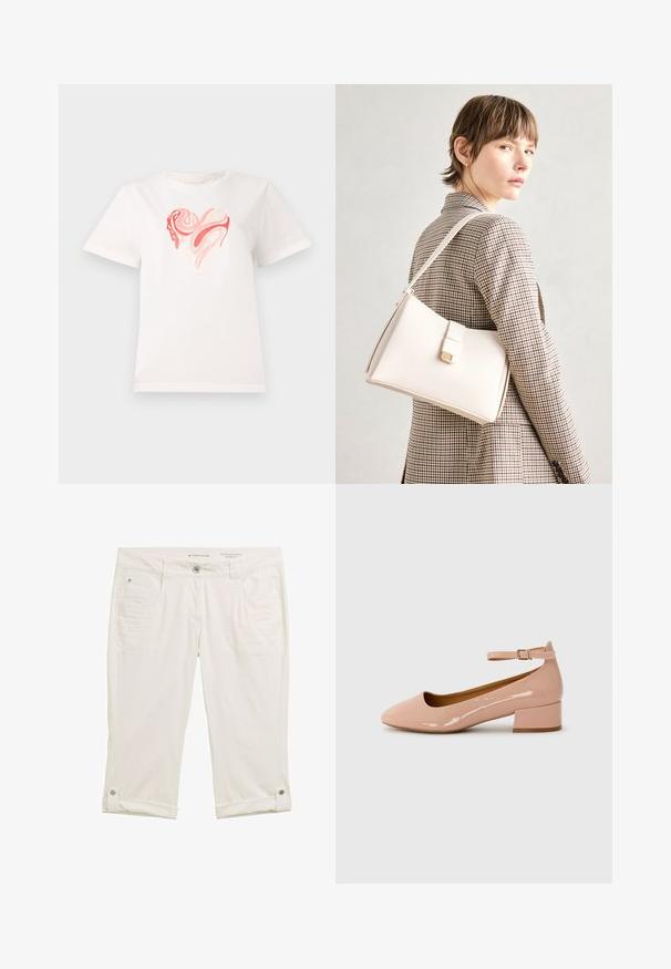 T-shirt bianca in cotone con una grafica a forma di cuore nei toni del rosa e del corallo, decorata con motivi astratti vorticosi al centro. Maniche corte, collo rotondo.; Pantaloni bianchi a tre quarti con un tessuto leggermente testurizzato. Presentano tasche frontali, chiusura con bottone e orli arrotolati fissati con bottoni automatici.; Scarpa piatta in vernice rosa con punta rotonda, cinturino alla caviglia e tacco basso a blocco. Texture liscia e design minimalista.; Borsa a mano in pelle bianca con un design strutturato, presente di un clasp magnetico e una tracolla, esposta su uno sfondo neutro.