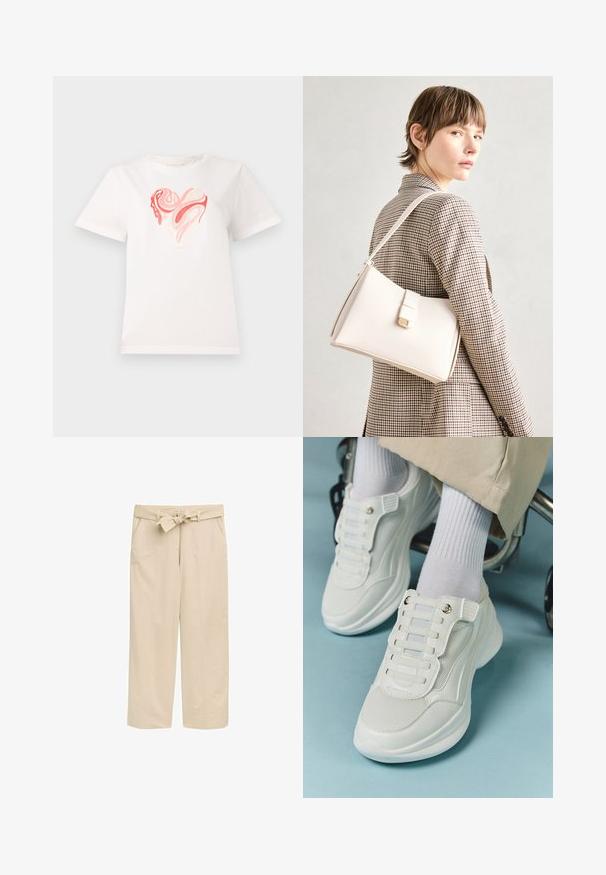 Camiseta de algodón blanca con un gráfico de corazón en tonos de rosa y coral, con patrones abstractos ondulantes en el centro. Mangas cortas, cuello redondo.; Pantalones beige de pierna ancha con un cinturón texturizado, que cuentan con dos bolsillos laterales y un dobladillo limpio. Fabricados en un tejido ligero para mayor comodidad.; Zapatillas blancas con material de malla, suela de goma, diseño sin cordones con bandas elásticas y detalles en tono dorado.; Bolso de mano de cuero blanco con un diseño estructurado, que presenta un cierre magnético y una correa para el hombro, exhibido sobre un fondo neutro.