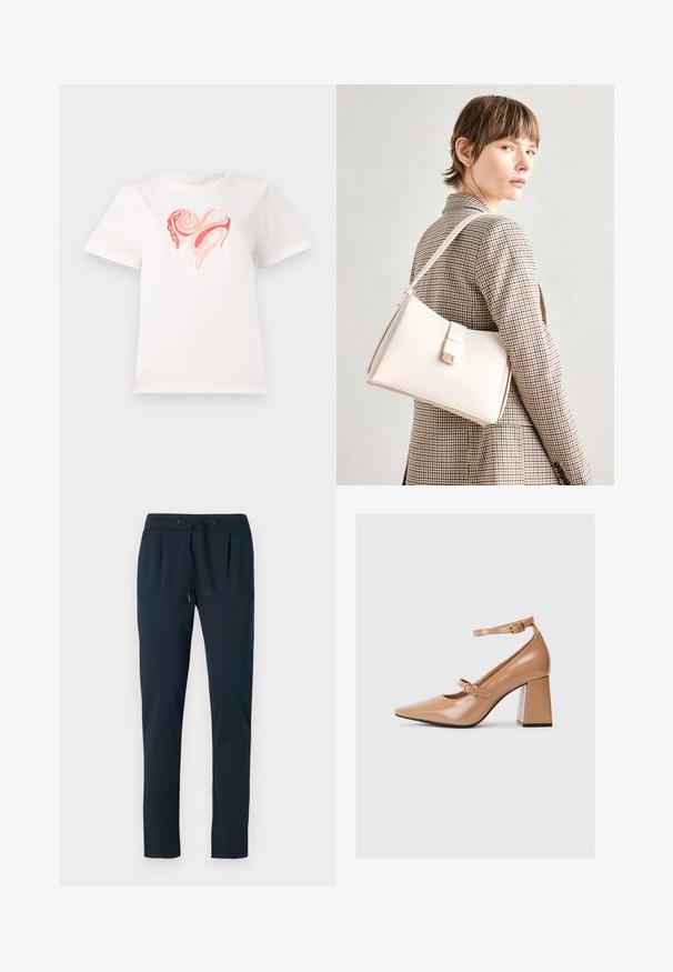 T-shirt branca de algodão com um gráfico de coração em tons de rosa e coral, com padrões abstratos em espiral no centro. Mangas curtas, decote redondo.; Joggers de algodão azul-escuro com cintura ajustável, pernas ajustadas e pregas na frente. Textura suave e design minimalista.; Sapatos de salto alto de couro sintético bege com bico pontiagudo, tira no tornozelo e salto quadrado grosso. Textura suave com acabamento brilhante.; Bolsa de mão em couro branco com um design estruturado, apresentando um fecho magnético e uma alça de ombro, exibida sobre um fundo neutro.
