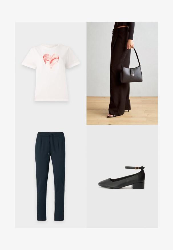 White cotton t-shirt featuring a heart graphic in shades of pink and coral, with swirling abstract patterns at the center. Short sleeves, crew neck.; Dark navy cotton joggers with a drawstring waist, tapered legs, and pleats at the front. Soft texture and minimal design.; Black leather pump with a pointed toe and a low block heel. Features an ankle strap with a gold-tone buckle. Smooth texture.; Black handbag with structured shape, smooth texture, and a metallic clasp. Paired with wide black pants and open-toe sandals on wooden floor.