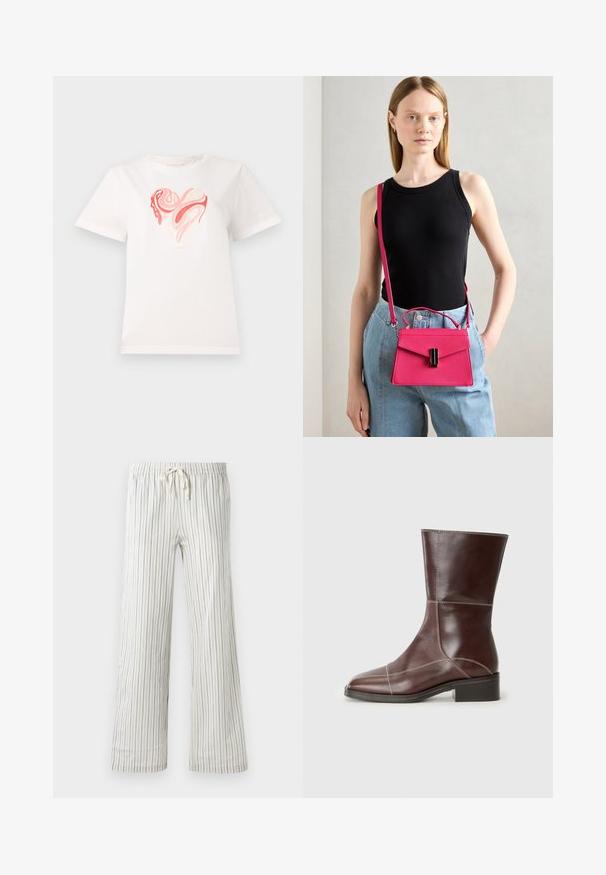 Bela bomba majica iz bombaža z grafiko srca v odtenkih roza in korala, s spirali abstraktnih vzorcev v središču. Kratke rokave, krožni ovratnik.; Bele hlače s vrvico in tankimi vertikalnimi modrimi črtami ter elastičnim pasom, prikazane spredaj na enotni podlagi.; Rjavi usnjeni gležnjarji s kvadratnim nosom in nizko peto, z kontrastnim šivanjem ob šivih. Jasna ozadje.; Roza strukturirana torbica za čez ramo s poklopcem in črnimi dodatki. Nosi se čez telo z dolgim pasom. Gladka tekstura.