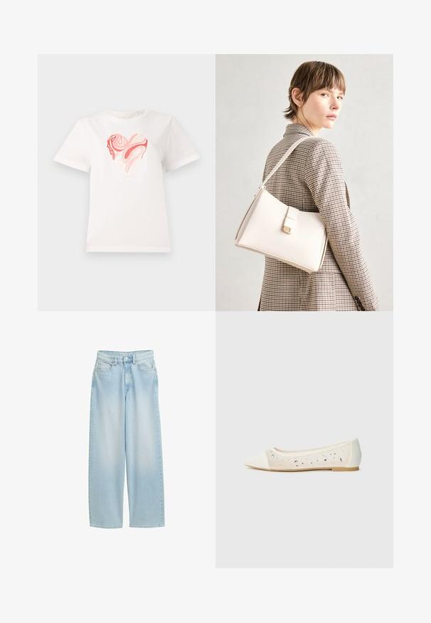 Biela bavlnená tričko s grafickým motívom srdca v odtieňoch ružovej a koralovej farby, so vírivými abstraktnými vzormi v strede. Krátke rukávy, okrúhly výstrih.; Svetlomodré džínsy s širokými nohavicami vyrobené z denimového materiálu, s vysokým pásom, prednými vreckami, zapínaním na gombík a klasickým prešívaním.; Biele ploché topánky s špicatou špičkou z krémovej kože s priehľadným zvrškom posiatym kamienkami. Mäkká podrážka pre pohodlie, minimalistický dizajn.; Biely kožený kabelka so štruktúrovaným dizajnom, s magnetickým uzáverom a ramenným popruhom, vystavená na neutrálnom pozadí.