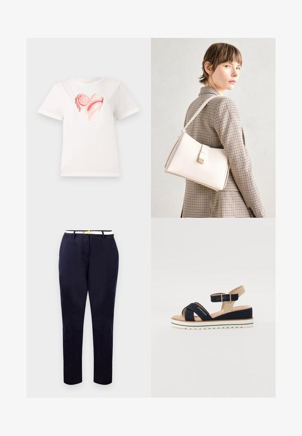 Fehér pamut póló, középen szív grafikával, rózsaszín és korall árnyalataiban, forgó absztrakt mintázatokkal. Rövid ujjú, kerek nyakkivágású.; Tengerészekén járt nadrág, karcsú szabással, pamut anyagból, fehér övvel, aranyszínű csattal. Simább textúra, egyenes szárak, minimalista dizájn.; Tengerészkék szandál két vászonpánttal, állítható bokapánttal és textúrált bézs hátsó résszel. Vastag, fehér, hullámos talp. Márkanevével ellátott pánt.; Fehér bőr táska strukturált dizájnnal, mágneses záródással és vállpánttal, semleges háttér előtt bemutatva.
