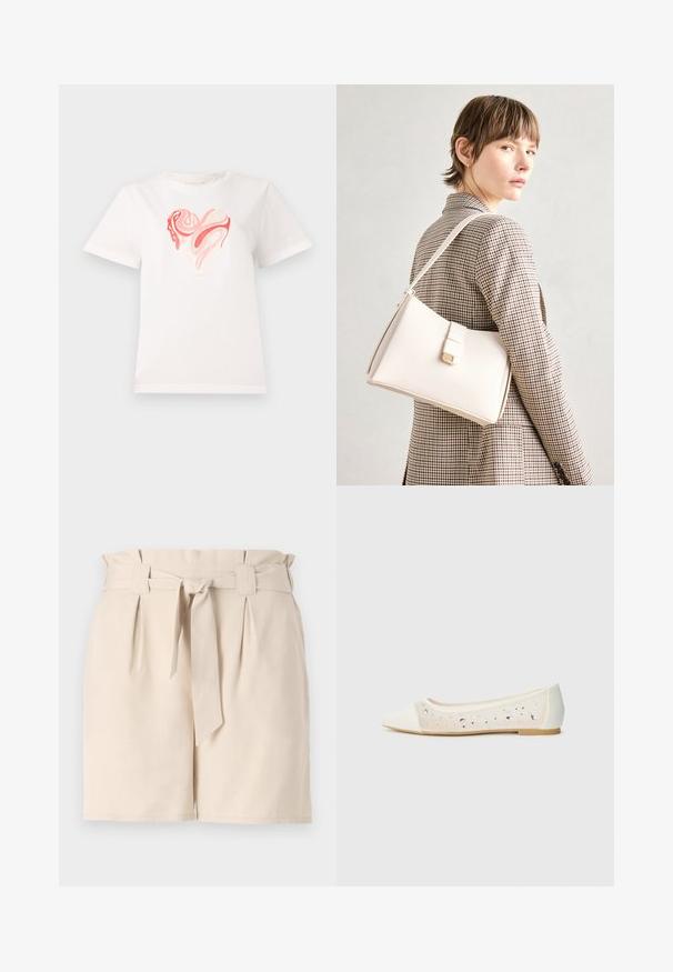 White cotton t-shirt featuring a heart graphic in shades of pink and coral, with swirling abstract patterns at the center. Short sleeves, crew neck.; Beige tailored shorts made of a lightweight fabric, featuring a belted waistband, pleat details, and a straight cut.; Pointed-toe flat in cream leather with transparent upper featuring scattered rhinestones. Soft sole for comfort, minimalistic design.; White leather handbag with a structured design, featuring a magnetic clasp and a shoulder strap, showcased against a neutral background.