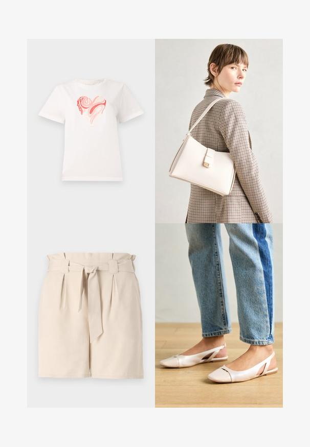 Witte katoenen t-shirt met een hartgrafiek in tinten roze en koraal, met draaiende abstracte patronen in het midden. Korte mouwen, ronde hals.; Beige op maat gemaakte shorts van een lichte stof, met een ceintuur, plooidetails en een rechte snit.; Zachtroze slingback ballerina's met een spitse neus, gemaakt van een glad leerachtig materiaal. Bevat uitsnijdingen aan de zijkanten en heeft een platte hak.; Witte leren handtas met een gestructureerd ontwerp, voorzien van een magneetsluiting en een schouderriem, tentoongesteld tegen een neutrale achtergrond.