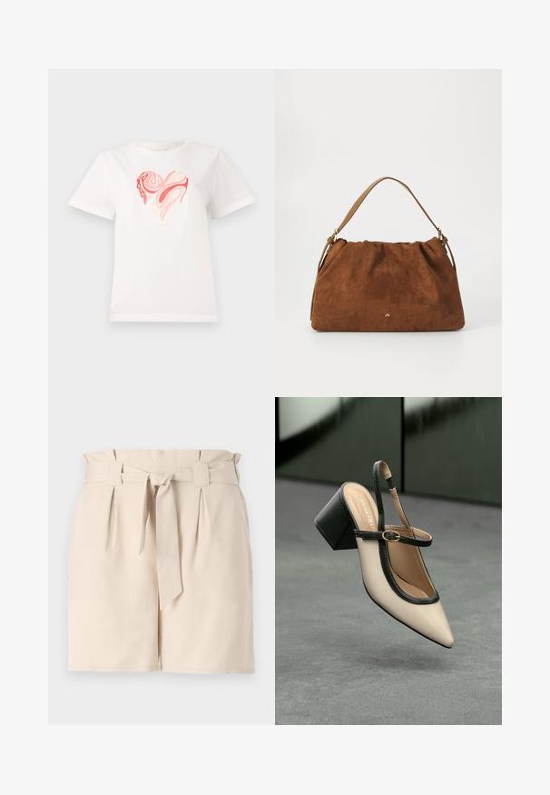Biała koszulka bawełniana z grafiką serca w odcieniach różu i koralu, z wirującymi abstrakcyjnymi wzorami na środku. Krótkie rękawy, okrągły dekolt.; Beżowe szorty o dopasowanym kroju, wykonane z lekkiego materiału, z paskiem w talii, detalami w formie zaszewek oraz prostym krojem.; Beżowe buty typu slingback z ostrym noskiem, czarnym wykończeniem, złotą klamrą i grubym obcasem na szarym podłożu z ciemnozielonym tłem.; Brązowa torebka z zamszu o marszczonym wzorze, z pojedynczym paskiem w kolorze tan i subtelnym złotym logo z przodu.