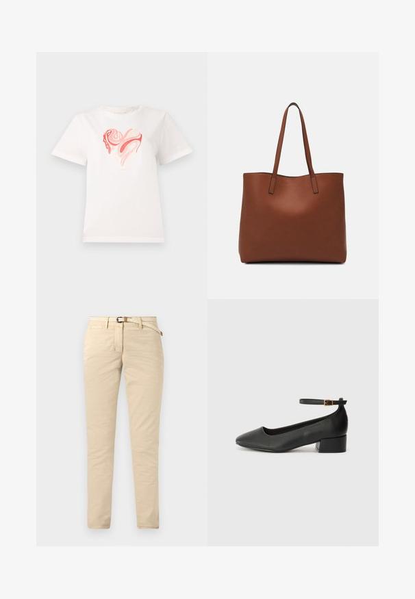 Biela bavlnená tričko s grafickým motívom srdca v odtieňoch ružovej a koralovej farby, so vírivými abstraktnými vzormi v strede. Krátke rukávy, okrúhly výstrih.; Bežové chinos nohavice vyrobené z bavlny s hladkým povrchom, s tkaným opaskom a štandardnými vreckami. Úzky strih so rovnými nohavicami.; Čierne kožené lodičky s špicatou špičkou a nízkym blokovým podpätkom. Obsahuje remienok okolo členka so zlatým prackou. Hladký povrch.; Hnedá kožená taška na rameno s hladkou textúrou, otvoreným vrchom a dvoma ramenými popruhmi. Má minimálne šitia a žiadne viditeľné kovania.