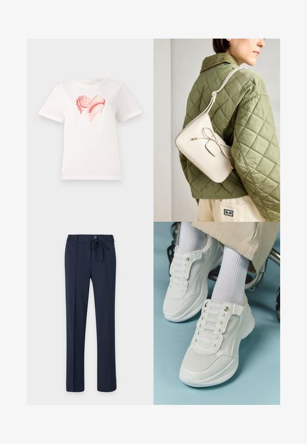 Baltos medvilnės marškinėliai su širdies grafika rožinėmis ir koralinėmis spalvomis, centre esančiais besisukančiais abstrakčiais raštais. Trumpomis rankovėmis, apvalia iškirpte.; Jūros karinių kelnių, pagamintų iš lygaus audinio, su raišteliu juosmens srityje, priekiniais raukšlėmis ir tiesiomis kojomis. Be kišenių ar ryškių raštų.; Baltos sportbačiai su tinklelio medžiaga, guminiais padais, be raištelių dizainu su elastinėmis juostelėmis ir auksinėmis detalėmis.; Bežinė odinė per petį nešama rankinė su kaspino detalėmis, auksinėmis detalėmis ir viena reguliuojama petneša, dėvima ant žalios siuvinėtos striukės.