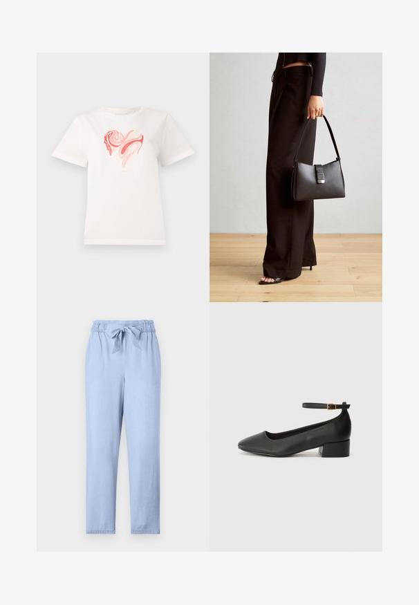 Biała koszulka bawełniana z grafiką serca w odcieniach różu i koralu, z wirującymi abstrakcyjnymi wzorami na środku. Krótkie rękawy, okrągły dekolt.; Jasnoniebieskie spodnie wykonane z miękkiego materiału, z elastycznym pasem, detalem do związania oraz luźnym krojem. Proste nogawki bez dodatkowych zdobień.; Czarne skórzane szpilki z ostrym noskiem i niskim słupkowym obcasem. Wyposażone w pasek na kostkę z złotym zapięciem. Gładka tekstura.; Czarna torebka o usztywnionym kształcie, gładkiej fakturze i metalowym zapięciem. Połączona z szerokimi czarnymi spodniami i sandałami na otwartym palcu na drewnianej podłodze.