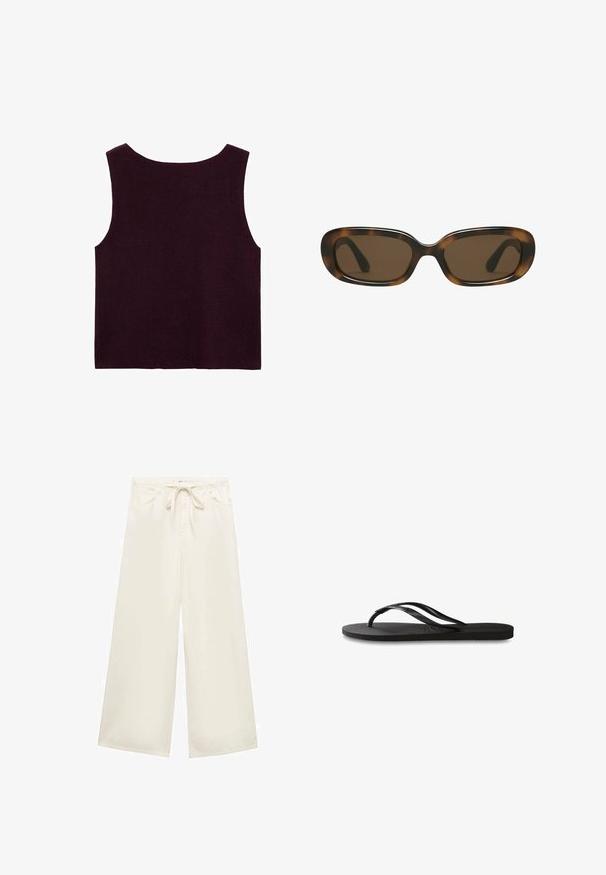 Burgundy sleeveless knit top, featuring a wide neckline and a fitted silhouette, with a smooth texture and no visible embellishments.; Wide-leg, cream-colored pants made of lightweight fabric, featuring a drawstring waist and front pockets. Smooth texture, simple design.; Black flip-flop featuring a textured rubber sole, two slender straps, and a subtle, embossed logo detail on the strap.; Tortoiseshell sunglasses with a smooth, rounded rectangular frame and brown lenses. Features thin, curved arms with a glossy finish.; Woven straw tote bag with braided texture, dark brown leather handles and base, wide circular shape, and open top design.