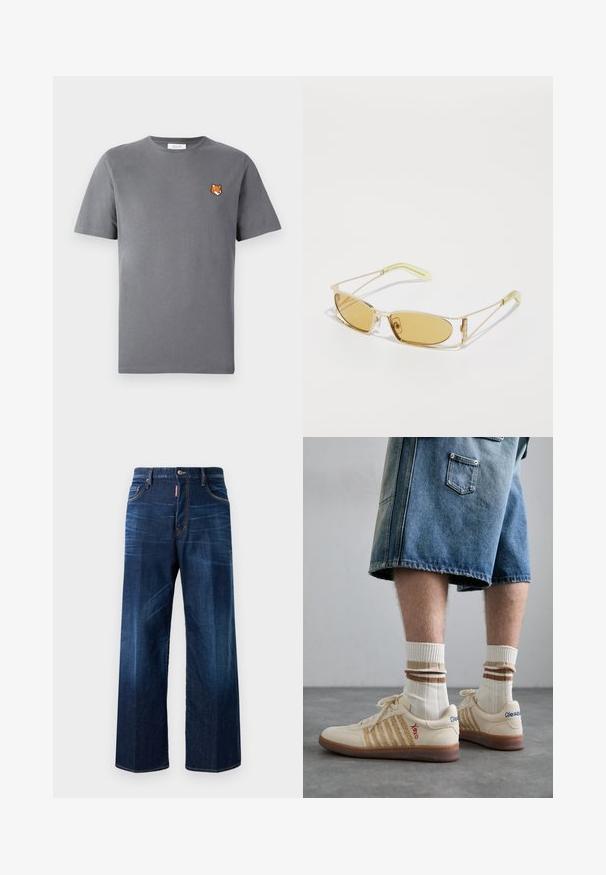 Gray cotton t-shirt featuring a small orange fox head embroidery above the left chest. Crew neck, short sleeves, and a classic fit.; Dark blue denim jeans with a relaxed fit, wide legs, and subtle fading. Features stitched detailing and a branded tag on the waistband.; Beige retro sneakers with brown rubber sole, featuring striped accents and embroidered logos. Worn with white socks, striped brown detail.; Yellow-tinted sunglasses with a translucent gold frame, slim rectangular shape, and angular arms with light green accents.