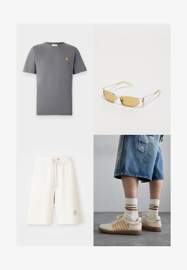 T-shirt grigio in cotone con un piccolo ricamo di testa di volpe arancione sopra il lato sinistro del petto. Collo a giro, maniche corte e vestibilità classica.; Pantaloni corti di un crema chiaro realizzati in tessuto testurizzato con vita elasticizzata, cordoncino regolabile e un disegno di sole stampato sulla gamba sinistra.; Sneaker retro beige con suola in gomma marrone, dotate di dettagli a righe e loghi ricamati. Indossate con calze bianche e dettagli marroni a righe.; Occhiali da sole con tintura gialla, montatura traslucida dorata, forma rettangolare slanciata e aste angolari con dettagli verde chiaro.