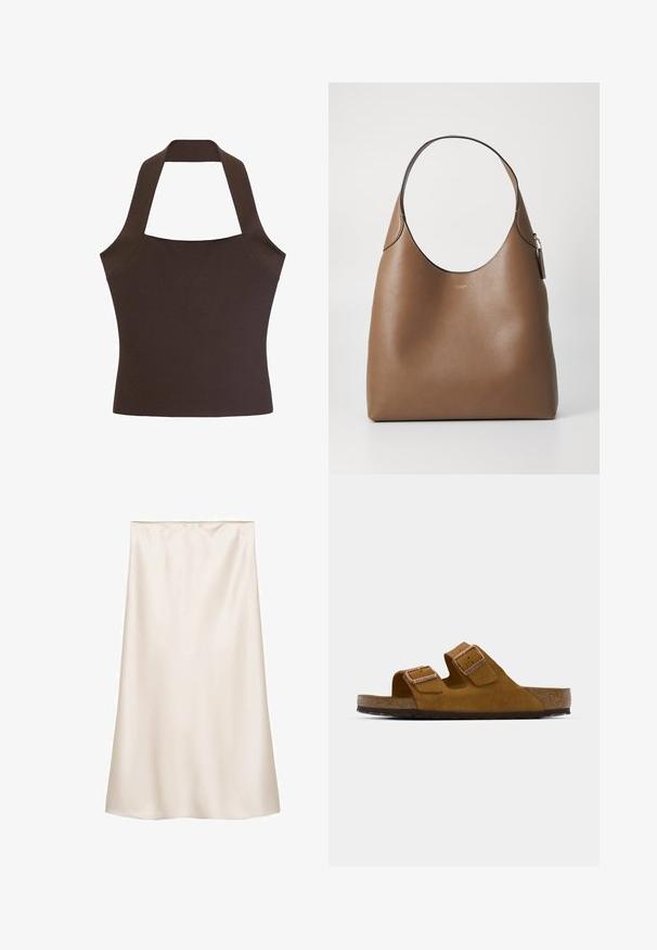 Brauner Haltertop aus glattem, strukturiertem Stoff, mit tailliertem Oberteil und breiten Trägern, die am Hals und am Rücken verbunden sind.; Satin-Midirock in Off-White, gerader Schnitt mit einem elastischen Bund, glatte Textur und ohne sichtbare Muster oder Akzente.; Braune Wildleder-Sandale mit zwei verstellbaren Riemen, Korkfußbett und einer strukturierten Gummisohle. Minimalistisches Design ohne zusätzliche Verzierungen.; Braune Leder-Shopper-Tasche mit glatter Textur, breitem Öffnung und einem einzelnen Schultergurt. Ausgestattet mit einem goldenen Logo und einem kleinen Anhänger.