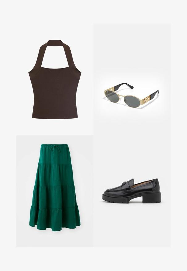 Top halter marrone realizzato in tessuto liscio e testurizzato, con un corpo aderente e spalline larghe che si collegano al collo e alla schiena.; Gonna maxi a balze verde realizzata in tessuto leggero. Presenta una vita regolabile con cordino e rouches svasate all'orlo. Morbida al tatto.; Mocassino in pelle nera con tacco basso, punta rotonda, cinturino decorativo e dettaglio di cucitura a trama sulla tomaia. Finitura liscia.; Occhiali da sole ovali con montatura in metallo dorato e lenti grigie. Presentano bracci in acetato nero con dettagli dorati e logo sui lati.