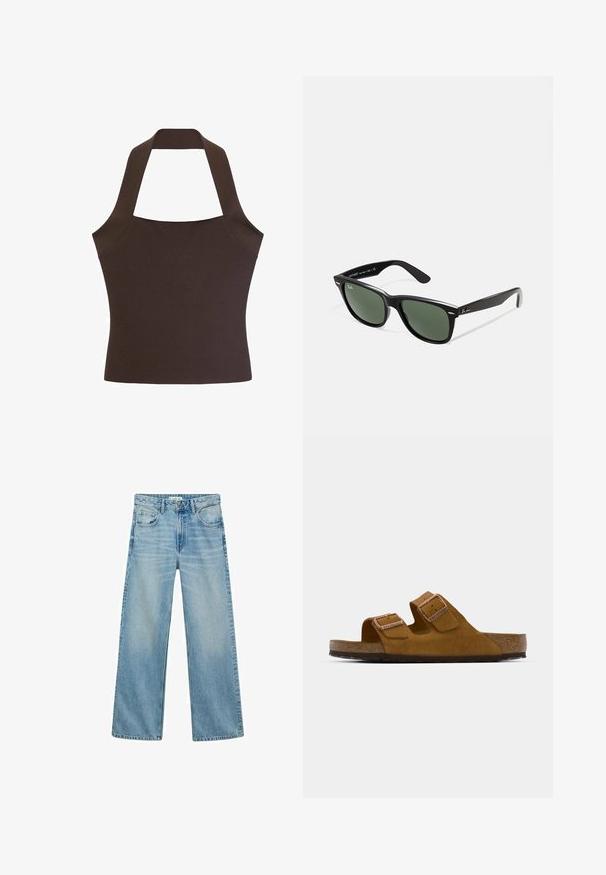 Brown halter top made of smooth, textured fabric, with a fitted bodice and wide straps connecting at the neck and back.; Light blue denim jeans with a wide-leg design. Features five pockets, a front button closure, and visible stitching. Soft texture.; Brown suede slide sandal with two adjustable straps, cork footbed, and a textured rubber sole. Minimalist design with no additional embellishments.; Black plastic sunglasses with green lenses, square frames, silver accent on the brow, and textured temple arms. Stated brand on inner arm.
