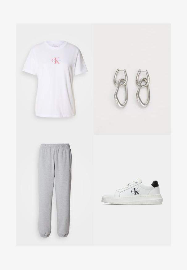Vit bomullströja med rund halsringning, korta ärmar och en framsida med logga i rosa och blått med texten "Calvin Klein" under.; Grå sweatpants tillverkade av mjukt, texturerat tyg. Elastiskt midjeband och muddar, med en liten logotyp på vänster sida.; Vit lågtopp sneakers med svart hälflik, platåsål, snörning och Calvin Klein "CK" logotyp på sidan.; Calvin Klein STATEMENT LINKS - Örhänge - silver-coloured