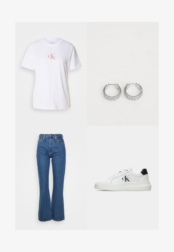 Witte katoenen t-shirt met een ronde hals, korte mouwen en een logo aan de voorkant in roze en blauw met daaronder de tekst "Calvin Klein".; Hoge taille blauwe denim jeans met een uitlopende vorm, klassiek vijf-pocket ontwerp en subtiele vervaging, met een stevige tailleband en metalen knoop.; Witte lage sneaker met zwarte hiel tab, plateauzool, veters en Calvin Klein "CK" logo aan de zijkant.; Zilveren hoepel oorbellen met een textuurontwerp dat verticale ribbels heeft. Cirkelvormig met een veilige sluiting. Gladde afwerking.