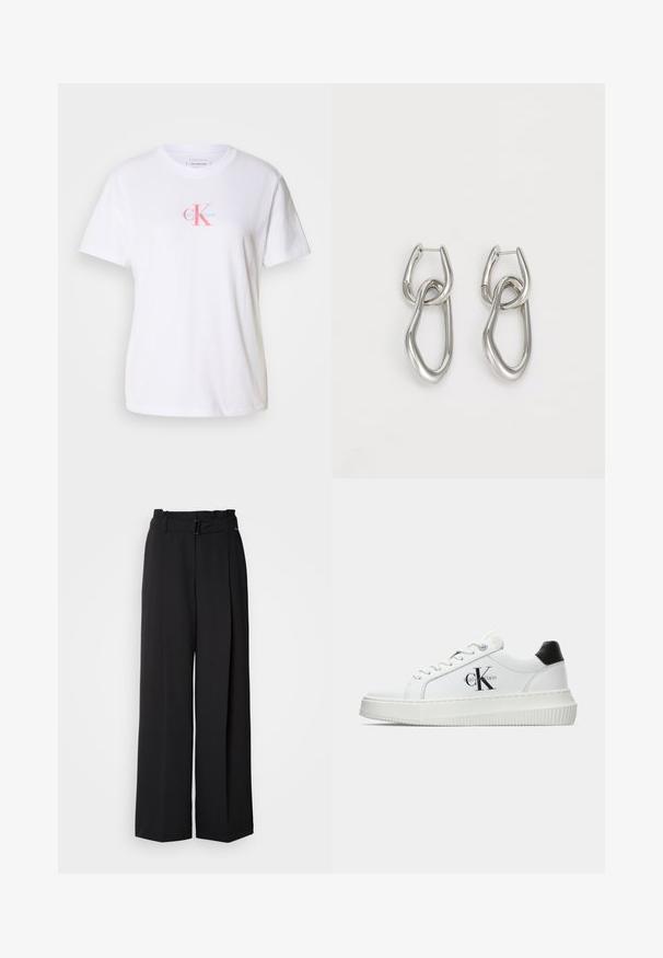 T-shirt en coton blanc avec un col rond, des manches courtes et un logo à l'avant en rose et bleu avec le texte "Calvin Klein" en dessous.; Pantalons larges noirs taille haute, dotés d'une ceinture avec boucle et de deux plis avant pour plus de structure. Texture lisse.; Baskets basses blanches avec un tab de talon noir, semelle plateforme, lacets et logo "CK" de Calvin Klein sur le côté.; Calvin Klein STATEMENT LINKS - Boucles d'oreilles - silver-coloured