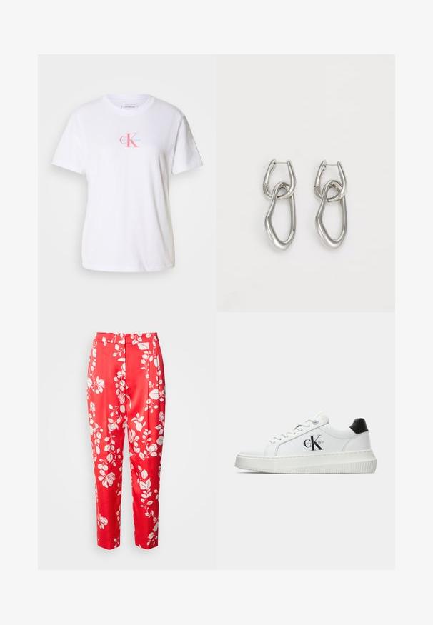 Hvid bomulds t-shirt med rund hals, korte ærmer og et frontlogo i pink og blå med "Calvin Klein" tekst nedenunder.; Røde bukser lavet af glat stof med et hvidt blomstermønster. De har en skræddersyet pasform med høj talje og cropped længde.; Hvide lavtoppede sneakers med sort hælkænke, platformssål, snørebånd og Calvin Klein "CK" logo på siden.; Calvin Klein STATEMENT LINKS - Øreringe - silver-coloured