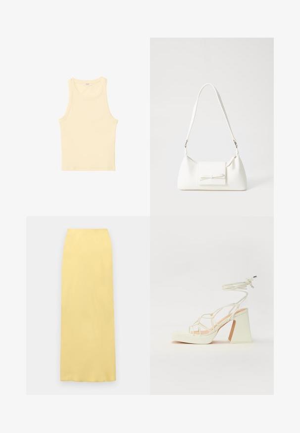 Svijetlo žuta, bez rukava, majica od rebrastog materijala. Ima okrugli izrez i ravni kroj, bez vidljivih uzoraka ili ukrasa.; Rumena midi krila iz gladkega materiala, ki ima visok pas in ravno silhueto, brez vidnih vzorcev ali kovinskih detajlov.; Bela sandala na visokih petah s debelim petam, ki ima obliko trakcev in vezanje okoli gležnja. Gladka tekstura z platformo spredaj za dodatno višino.; Bela sintetična torbica v obliki trikotnika, z ravnim sprednjim poklopcem in detajlom mašne, nastavljivim trakom, gladko teksturo in minimalističnim dizajnom.