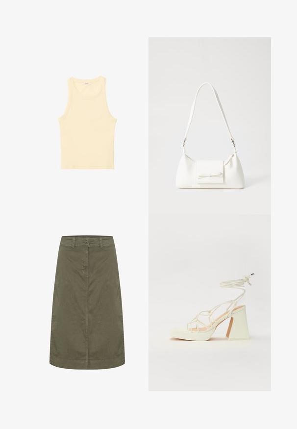 Svijetlo žuta, bez rukava, majica od rebrastog materijala. Ima okrugli izrez i ravni kroj, bez vidljivih uzoraka ili ukrasa.; Olivno zelena krila iz bombaža, ravnega kroja, z zaponko na sprednji strani in gladko teksturo. Brez okrasnih elementov ali vzorcev.; Bela sandala na visokih petah s debelim petam, ki ima obliko trakcev in vezanje okoli gležnja. Gladka tekstura z platformo spredaj za dodatno višino.; Bela sintetična torbica v obliki trikotnika, z ravnim sprednjim poklopcem in detajlom mašne, nastavljivim trakom, gladko teksturo in minimalističnim dizajnom.