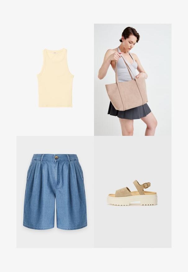 Svijetlo žuta, bez rukava, majica od rebrastog materijala. Ima okrugli izrez i ravni kroj, bez vidljivih uzoraka ili ukrasa.; Modri jeans kratke hlače z udobnim krojem, z gumbom za zapiranje, gubanjem spredaj in stranskimi žepi, zaključene z ravnim robom.; Suede sandale v svetli bež barvi z širokim trakom in nastavljivim zaponko okoli gležnja. Masiven bel podplat z teksturiranim profilom za oprijem.; Bežna torba iz umetne kože z dvema ročajema, pravokotne oblike in gladke teksture. Torba ima preprost, minimalističen dizajn.