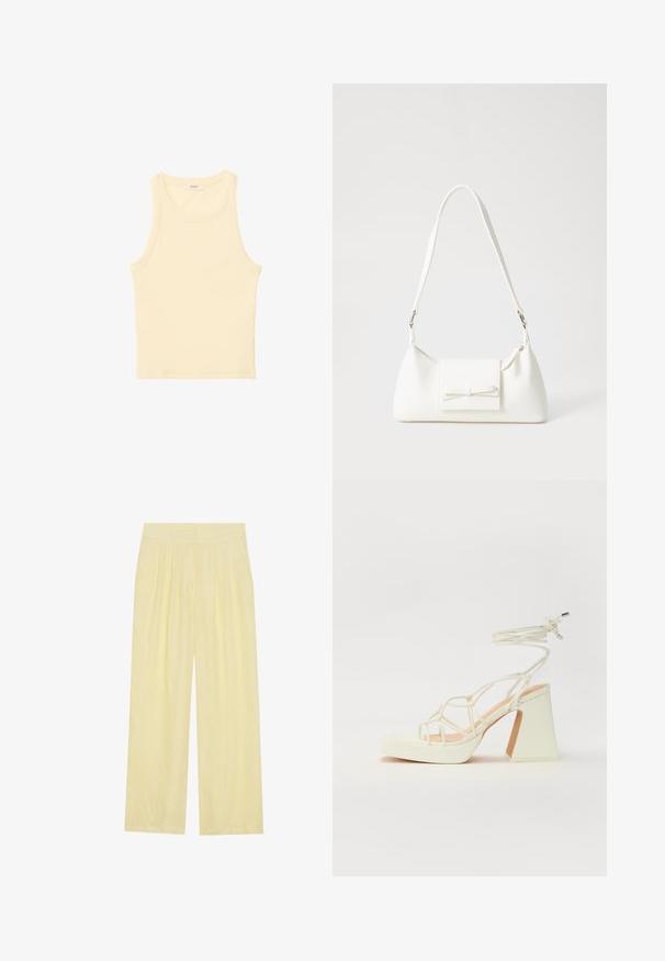 Top color giallo chiaro, senza maniche, realizzato in tessuto a costine. Presenta un collo rotondo e una forma dritta, senza motivi o decorazioni visibili.; Pantaloni ampi giallo chiaro realizzati in un tessuto testurizzato, caratterizzati da una parte anteriore plissettata e una vita alta elastica.; Sandalo bianco con tacco alto, caratterizzato da un design a cinturini e un legaccio alla caviglia. Texture liscia con una piattaforma frontale per un'altezza aggiuntiva.; Borsa sintetica bianca a forma triangolare, con patta anteriore piatta e dettaglio a fiocco, tracolla regolabile, texture liscia e design minimalista.