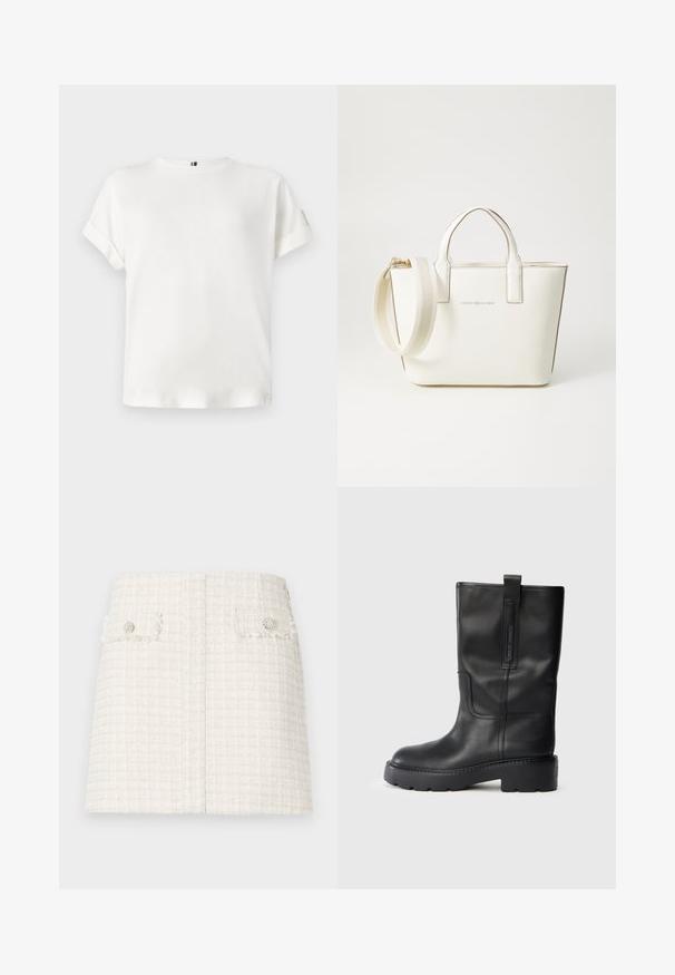 T-shirt bianco a maniche corte con scollatura rotonda e orli arrotolati, realizzato in tessuto morbido, con un discreto logo vicino all'orlo.; Mini gonna bianca in tweed con un motivo a scacchi testurizzato. Presenta due tasche anteriori a filetto con bottoni decorativi. Design con orlo dritto.; Stivali neri in pelle alti fino al ginocchio con un design elegante, dotati di una suola spessa e di una linguetta laterale per un indossamento facilitato. Cuciture decorative in evidenza.; Borsa in ecopelle bianca con manici corti, tracolla regolabile e dettagli in metallo dorato; presenta un logo discreto sul davanti.