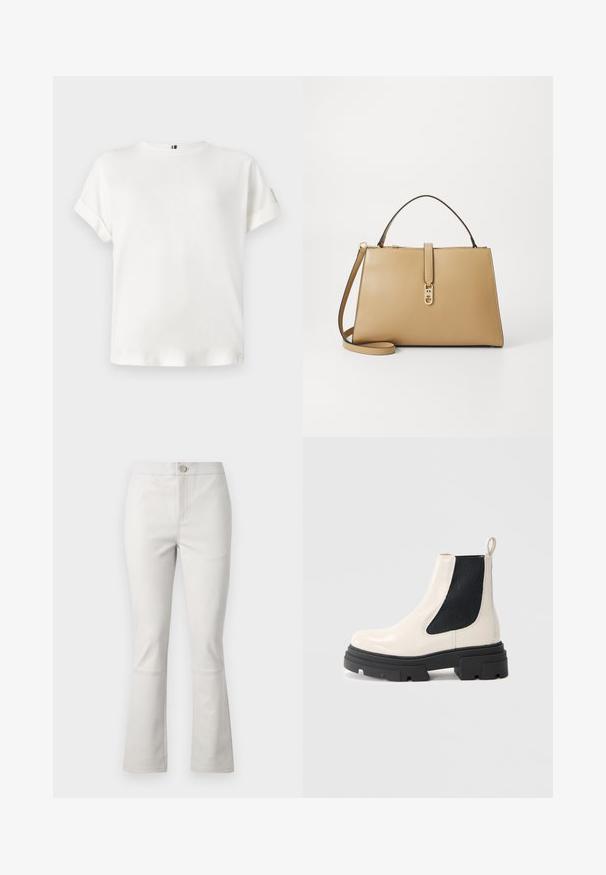 White short-sleeve t-shirt with a round neckline and rolled cuffs, made of soft fabric, featuring a subtle logo accent near the hem.; Light gray flared pants made of cotton blend. Features front pockets, a button closure, and subtle stitching details along the seams.; Cream leather Chelsea boot with chunky black sole and elastic black side panel against plain white background.; Tommy Hilfiger LIBRE SATCHEL - Handbag - safari