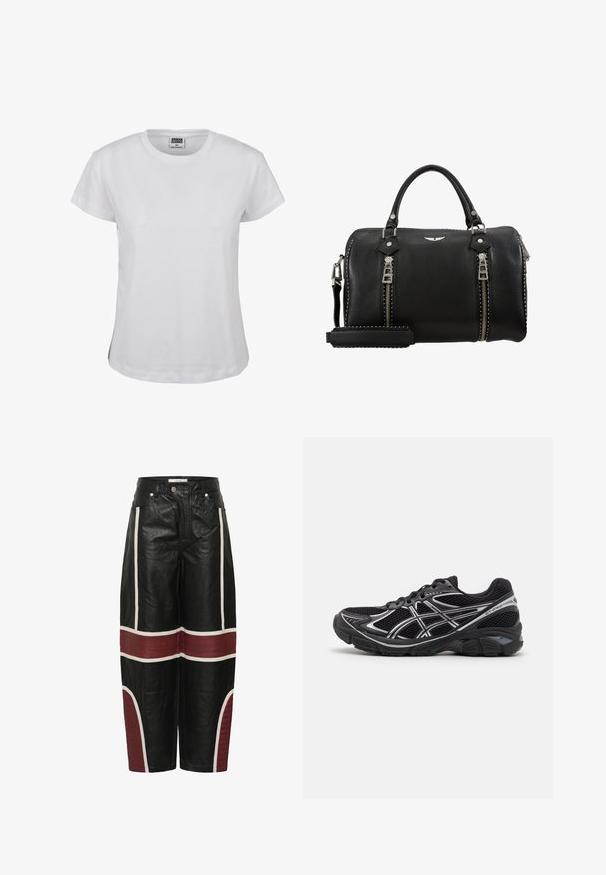 Balta kokvilnas T-kreklu ar klasisku apaļu kakla izgriezumu, īsām piedurknēm un taisnu apakšējo malu. Uz tā ir uzlīme ar tekstu "URBAN CLASSICS" melnā krāsā.; Melni platleņķa ādas bikses ar baltām vertikālām svītrām un horizontālām bordo krāsas kviltētām paneļiem virs ceļiem un uz apakšējām kājām.; Melnas sporta kurpes ar pelēkiem akcentiem, augšdaļa no sietveida auduma, mīksts zolīte un teksturēta gumijas ārējā zole. Iezīmējas ar plūdenu dizainu.; Melnas ādas rokassomiņa ar dubultām sudraba rāvējslēdzēm, augšējiem rokturiem, regulējamu siksnu un uzlīmētiem akcentiem gar maliņām. Tekstūrēta apdare.