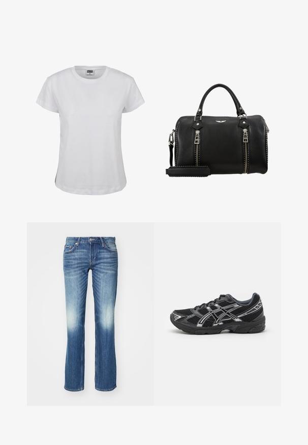 White cotton t-shirt with a classic crew neckline, short sleeves, and a straight hem. Features a label with "URBAN CLASSICS" in black.; Weekday ARROW LOW - Straight leg jeans - mine blue; Black athletic shoe with mesh upper, reinforced toe, and silver accents. Features traditional lacing and a textured sole for grip.; Black leather handbag with dual silver zippers, top handles, adjustable strap, and studded accents along the edges. Textured finish.