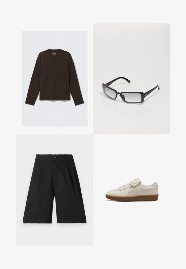 T-shirt marrone a maniche lunghe realizzato in cotone, con collo rotondo, vestibilità rilassata e design minimalista senza motivi o dettagli.; Pantaloni corti neri in cotone, con taglio dritto, pieghe, chiusura con bottone e una consistenza liscia. Nessun motivo o dettaglio visibile.; Sneaker bianco in pelle con accenti texturizzati, suola in gomma e dettaglio del logo dorato. Caratterizzato da lacci e una fascia in velcro per la chiusura.; Occhiali da sole rettangolari neri con lenti sfumate, dotati di un ampio telaio e dettagli in metallo sugli steli. Texture liscia su tutta la superficie.