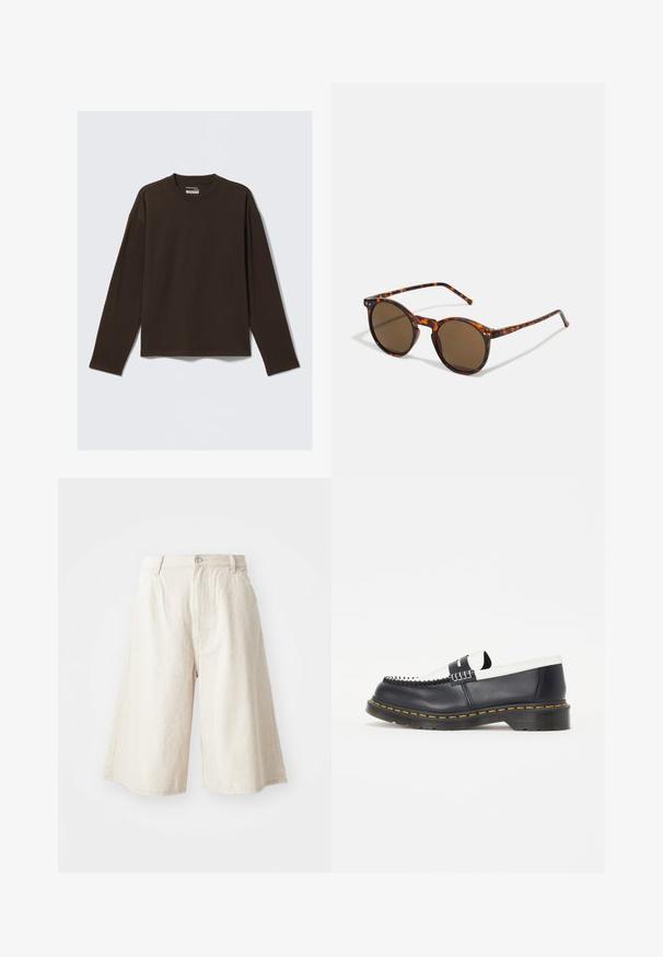 Pruun pikkade varrukatega T-särk, mis on valmistatud puuvillast, näeb välja ümar kaelusega, lõdva lõikega ja minimalistliku disainiga, ilma mustrite või aksessuaarideta.; Beezid laiad püksid, mis on valmistatud puuvillast, sirge lõikega, ees on taskud ja taljes on nähtav nööbinupp.; Musta nahkane libisev king, millel on valge nahkine detail. Omab dekoratiivset tikandit ja kummist tallat, millel on kollane äär. Ümar varvas.; Ringikujulised prillid kilpkonnakuju raami ja pruuni läätsedega. Omavad õhukesi templeid kerge tekstuuriga ja metallaktsente läätsede lähedal.