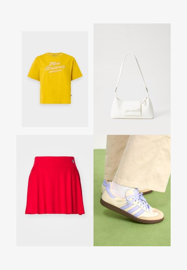 Geel katoenen t-shirt met korte mouwen, voorzien van een groot, lichtgekleurde 'New Balance' logo met een gebogen onderlijn. ; Rode knie-lange rok van rekbaar fabric met een gladde textuur. Heeft een brede tailleband en een uitlopende ontwerp. Merklogo op de tailleband.; Crème- en lavendel-sneakers met drie strepen en een gestructureerde bruine zool, voorzien van veters en een gewatteerde hiel. Zachte stoffen bovenkant.; Witte synthetische handtas met een driehoekige vorm, platte voorklep en strikdetail, verstelbare schouderriem, gladde textuur en minimalistisch ontwerp.